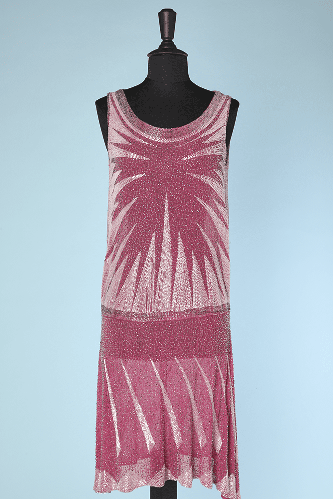 Robe 1925 en voile de coton rose broderie géométrique