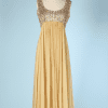Robe longue 1960 en mousseline jaune lamé or et broderies