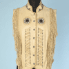 Blouson en cuir beige sans manches brodé et à franges