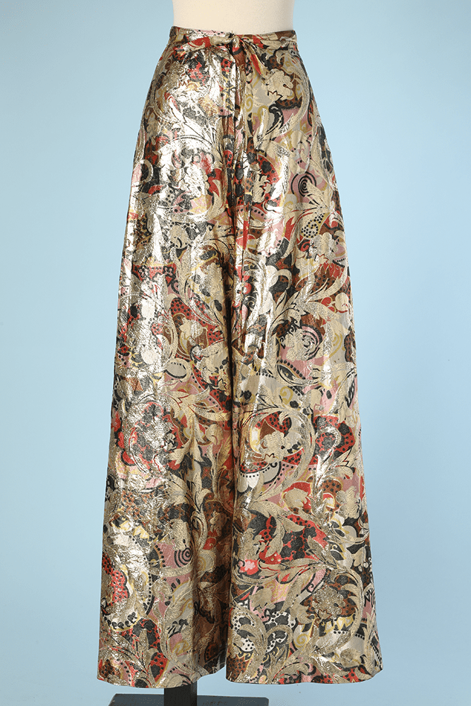 Pantalon 1970 en satin broché multicolore et or