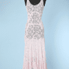 Robe longue 1930 en tulle rose brodé de fleurs et volants
