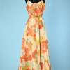 Robe longue du soir 1950 en soie imprimée de grandes fleurs Malcom Starr