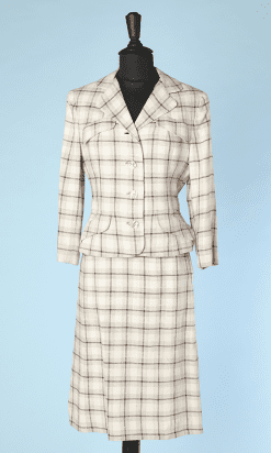 Tailleur jupe et veste 1950/1960 en lin écru à carreaux marron