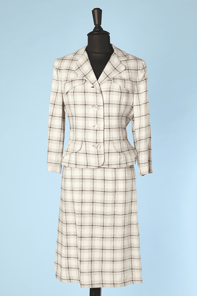 Tailleur jupe et veste 1950/1960 en lin écru à carreaux marron