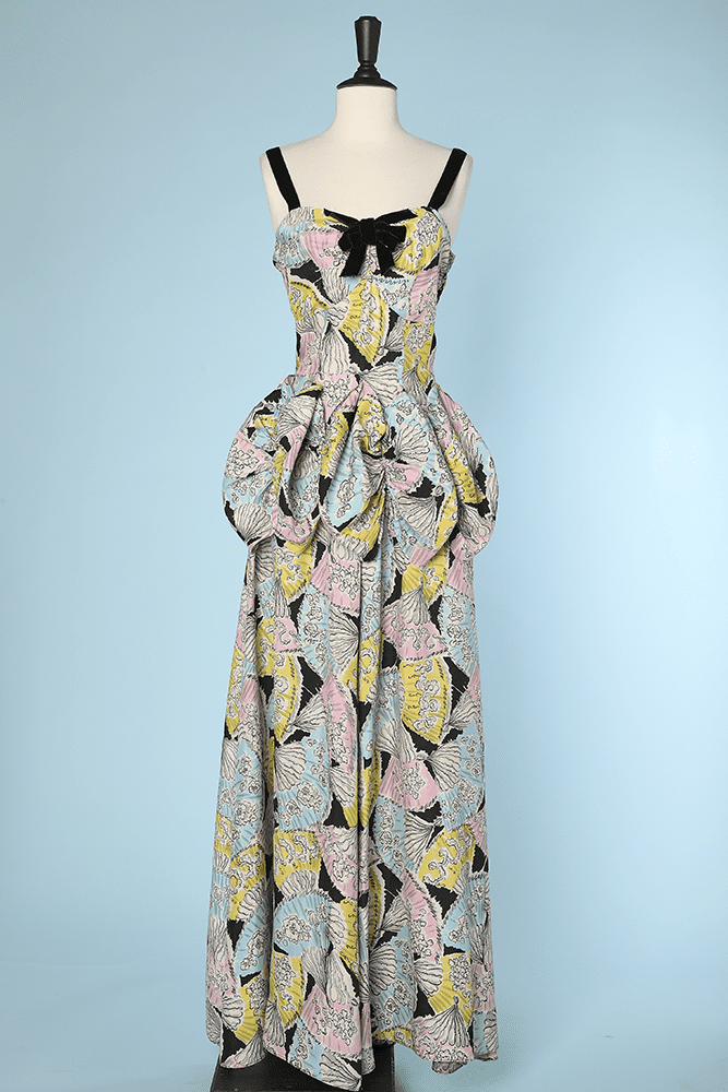 Robe longue 1940 en rayonne imprimée d'éventails
