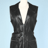 Veste vintage longue en cuir noir sans manches