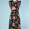 Robe 1940 en rayonne noire imprimée fleurs livres éventails