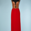 nA5097 Robe longue du soir en cuir marron et crêpe rouge Genny t36 06