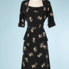 Robe 1940 en soie noire imprimée de plumes écrues