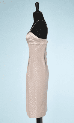 na6444-Tailleur-Robe-et-Veste-1950-60-rose-et-taupe-broché-de-plumes-t36-01