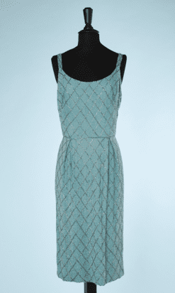 nA8421-Robe-de-cocktail-1960-en-mousseline-turquoise-perlée-argent-T36