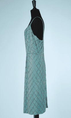 nA8421-Robe-de-cocktail-1960-en-mousseline-turquoise-perlée-argent-T36