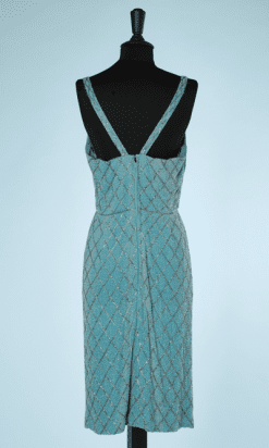 nA8421-Robe-de-cocktail-1960-en-mousseline-turquoise-perlée-argent-T36