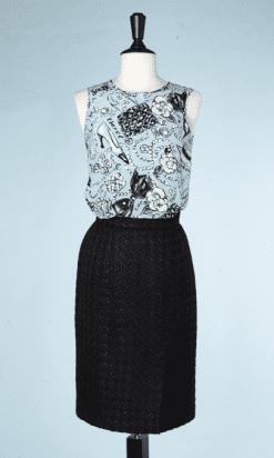 A8586-Tailleur-3-pièces-Chanel-en-lainage-tissé-noir-et-soie-bleue-imprimée-t34-36