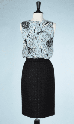 A8586-Tailleur-3-pièces-Chanel-en-lainage-tissé-noir-et-soie-bleue-imprimée-t34-36