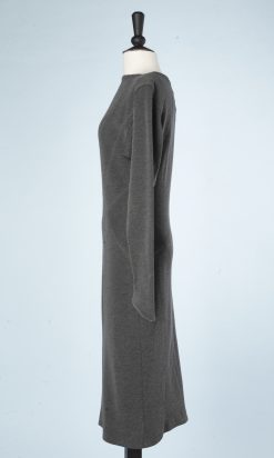 nA8693-Robe-en-jersey-de-laine-grise-surpiqûres-blanches-Alaïa-t40-01