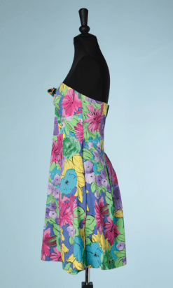 B0232-Robe-Christian-Dior-bustier-en-coton-imprimé-de-fleurs-multicolores-TM-02