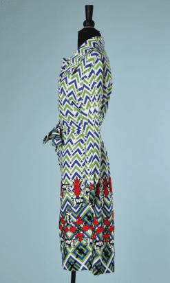 B2162-Robe-1970-Lanvin-polyamide-blanche-verte-et-bleue-et-motifs-dours-t42-01