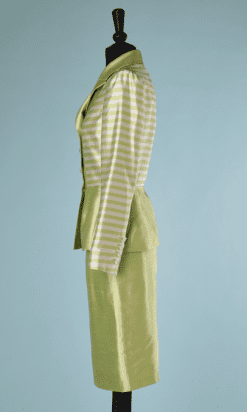 B2174-Tailleur-vintage-en-soie-sauvage-vert-rayures-blanches-t36-01