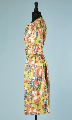 B2196-Robe-Moschino-couture-vert-anis-imprimé-fleurs-t36-01