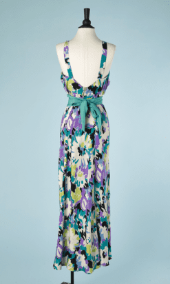 B2582-Robe-longue-1930-soie-imprimé-grandes-fleurs-vertes-mauves-bleu-anis-blanc-T38-01