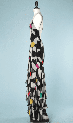 B2672-Gai-Mattiolo-Robe-longue-en-mousseline-noire-imprimé-fleurs-blanche-jaune-vert-rouge-T38-01