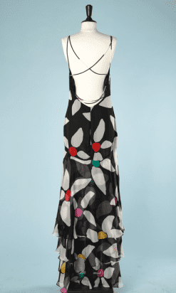 B2672-Gai-Mattiolo-Robe-longue-en-mousseline-noire-imprimé-fleurs-blanche-jaune-vert-rouge-T38-01