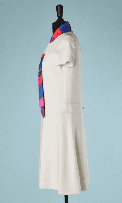 B2704-Robe-1960-en-lin-beige-col-foulard-en-soie-multicolore-T42-01