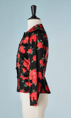 B1805-Veste-en-satin-noir-fleurs-rouges-Saint-Laurent-rive-gauche-T36-01