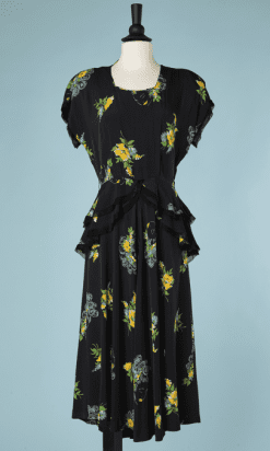B2330-Robe-1940-en-crêpe-marine-imprimé-de-fleurs-jaune-T38-01