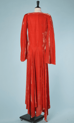 B2448-Robe-longue-du-soir-1930-en-velours-de-soie-orange-manches-découpés-T38-01