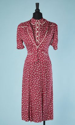 Tailleur robe et veste 1930 en voile bordeaux imprimée