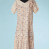 B2995-Robe-1930-en-coton-écru-fleurs-oranges-quadrillé-marine-T40-01
