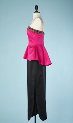B2808-Robe-du-soir-Bill-Blass-en-satin-rose-et-noir-et-strass-T3840-01