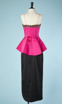 B2808-Robe-du-soir-Bill-Blass-en-satin-rose-et-noir-et-strass-T3840-01