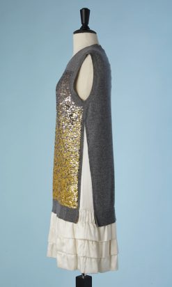 B3256-Robe-Louis-Vuitton-en-laine-grise-brodee-de-paillettes-et-volants-en-satin-t40-42-001