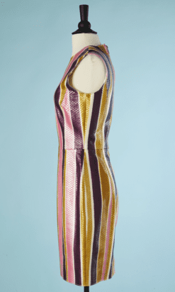 B4385-Robe-en-cuir-facon-python-rayures-violettes-roses-jaunes-Versace-T38-001