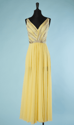 B4469-Robe-Gai-Mattiolo-polyester-jaune-brode-de-pois-jaune-blanc-argent-t42-001