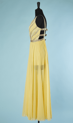 B4469-Robe-Gai-Mattiolo-polyester-jaune-brode-de-pois-jaune-blanc-argent-t42-001