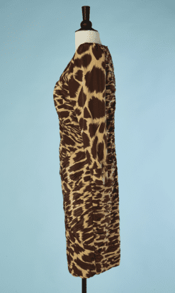 B4471-Robe-en-soie-beige-et-marron-imprime-taches-haut-plisse-croise-Fontana-Couture-T42-001