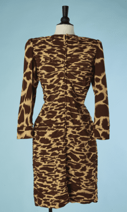 B4471-Robe-en-soie-beige-et-marron-imprime-taches-haut-plisse-croise-Fontana-Couture-T42-001