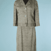 B6407-Tailleur-1960-en-lin-beige-tisse-noir-et-marron-T40-001