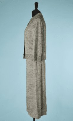 B6407-Tailleur-1960-en-lin-beige-tisse-noir-et-marron-T40-001