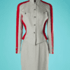 B7146-Tailleur-Thierry-Mugler-en-lin-gris-et-bandes-rouges-boutons-pressions-boules-argent-t36-001