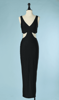 B6586-Robe-longue-Versace-versus-en-polyester-noir-bandes-de-pvc-sur-les-cotes-t38-01