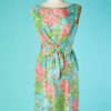 B6956-Robe-1960-en-soie-imprime-bleu-ciel-vert-et-rose-t34-36