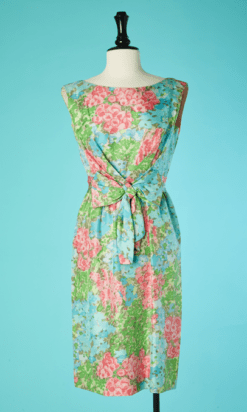 B6956-Robe-1960-en-soie-imprime-bleu-ciel-vert-et-rose-t34-36