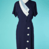 B6970-Robe-1940-50-en-lin-marine-col-bleu-ciel-et-blanc-T48-001