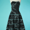 B6990-Robe-bustier-1950-en-coton-noir-imprime-turquoise-strass-t38-40