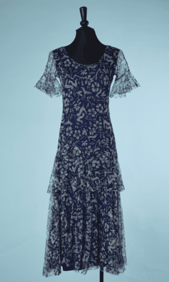 B6254-Robe-longue-1930-en-tulle-bleu-imprime-de-biches-blanches-t36-001